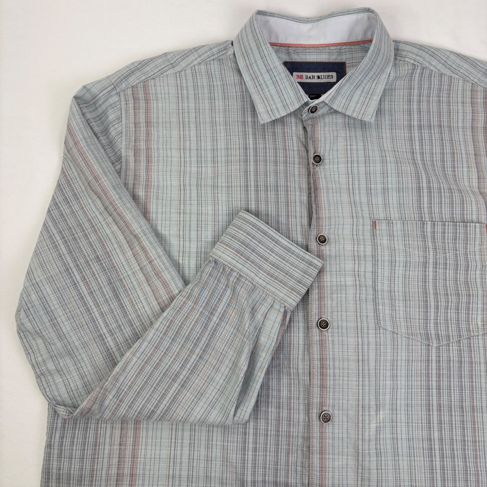 32 Bar Blues Men's Button Up Long Sleeve Shirt Blue Striped Cotton Size L
